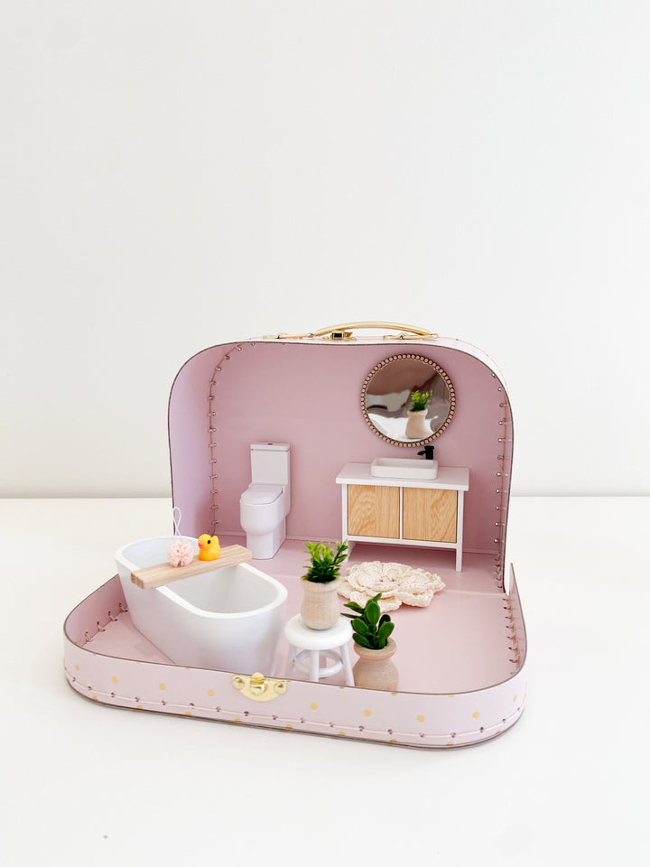 Medium Suitcase Traveling Dollhouse Room | Pink Polka Dot