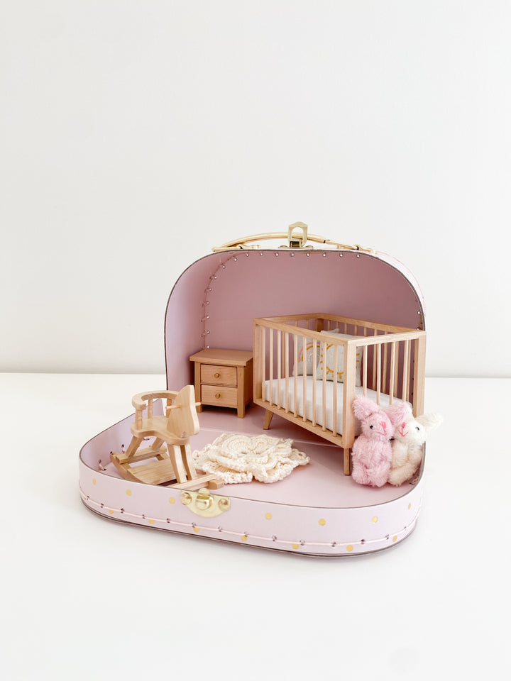 Small Suitcase Traveling Dollhouse Room | Pink Polka Dots