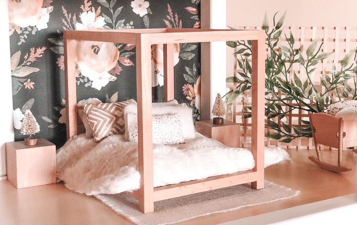 Four Poster Bed + Mattress | Natural Wood