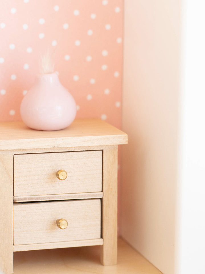 Bedside Table with Drawers | Natural Wood & Gold Knobs